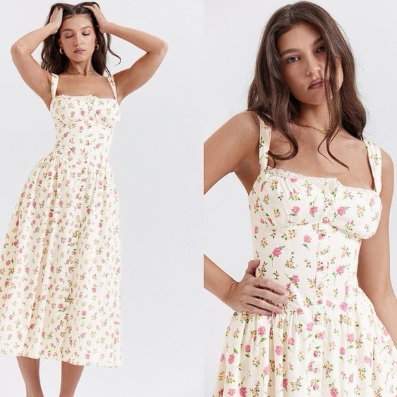 House of CB Tatiana White Flower Print Rose Floral Midi Sundress Sz M - Picture 2 of 7